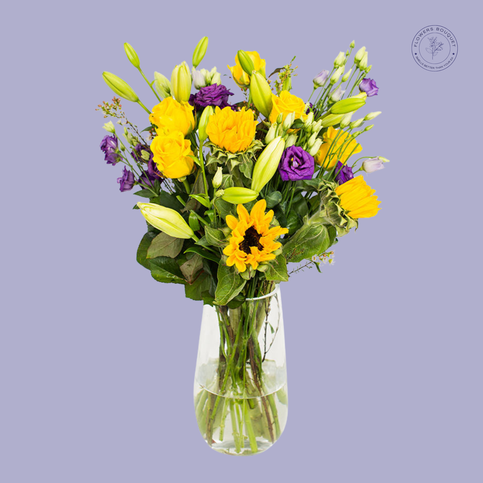 Sunflower and Mixed Bloom Bouquet with yellow sunflowers, lilies, lisianthus, and fresh greenery.