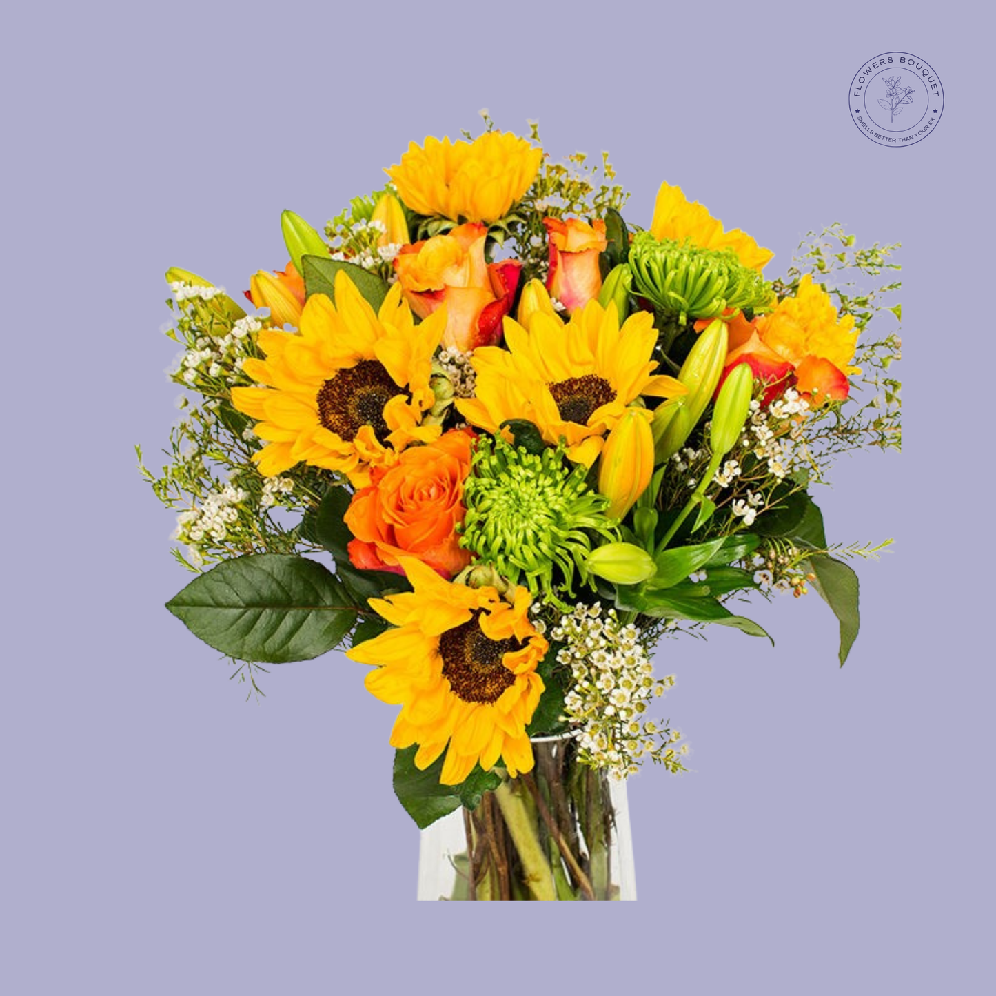 Sunflower and Mixed Floral Bouquet with sunflowers, orange roses, chrysanthemums, and lilies in a vase.