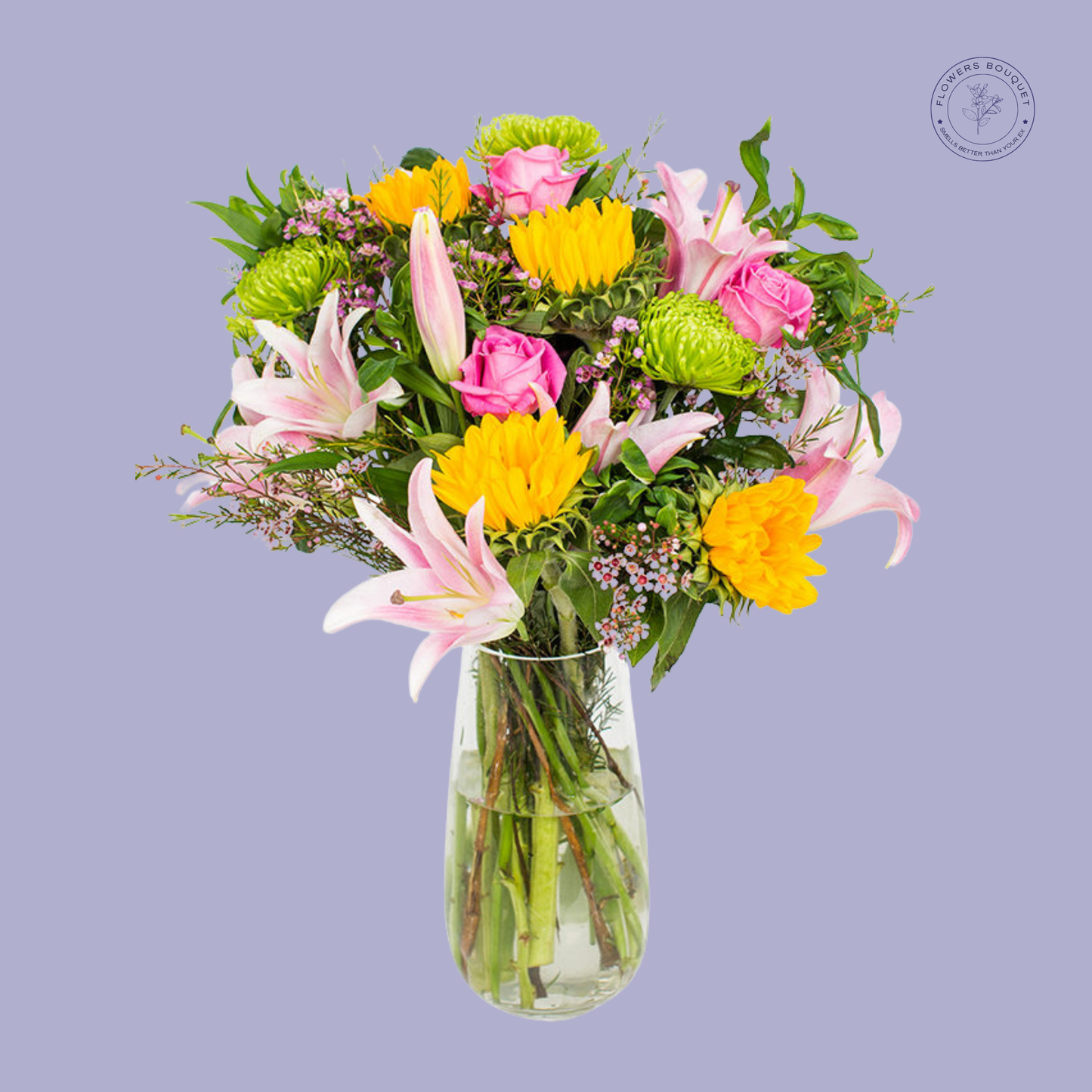 Bright Sunflower and Pink Lily Bouquet with sunflowers, pink lilies, roses, and chrysanthemums.