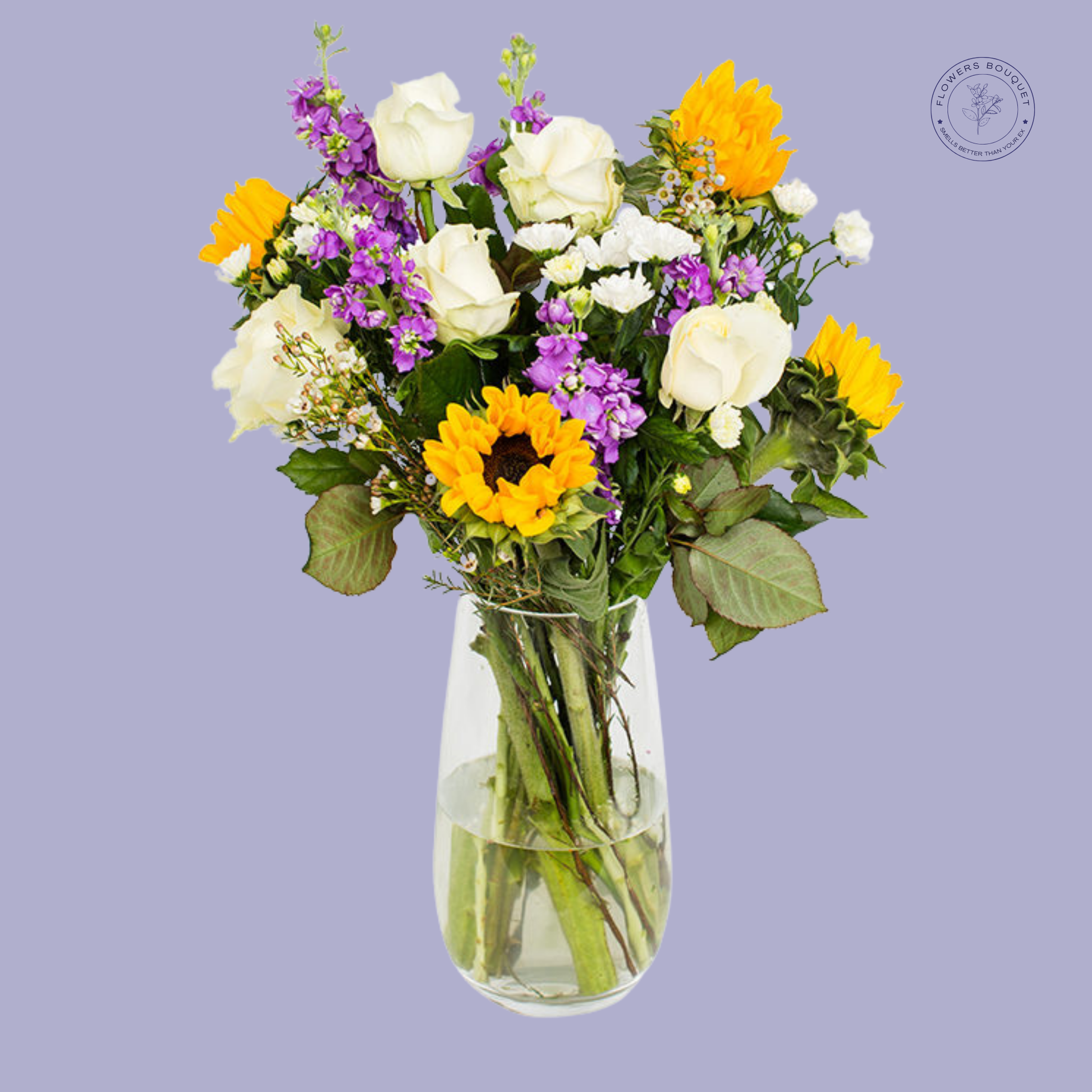 A beautiful bouquet of sunflowers, white roses, and purple larkspur in a clear vase.