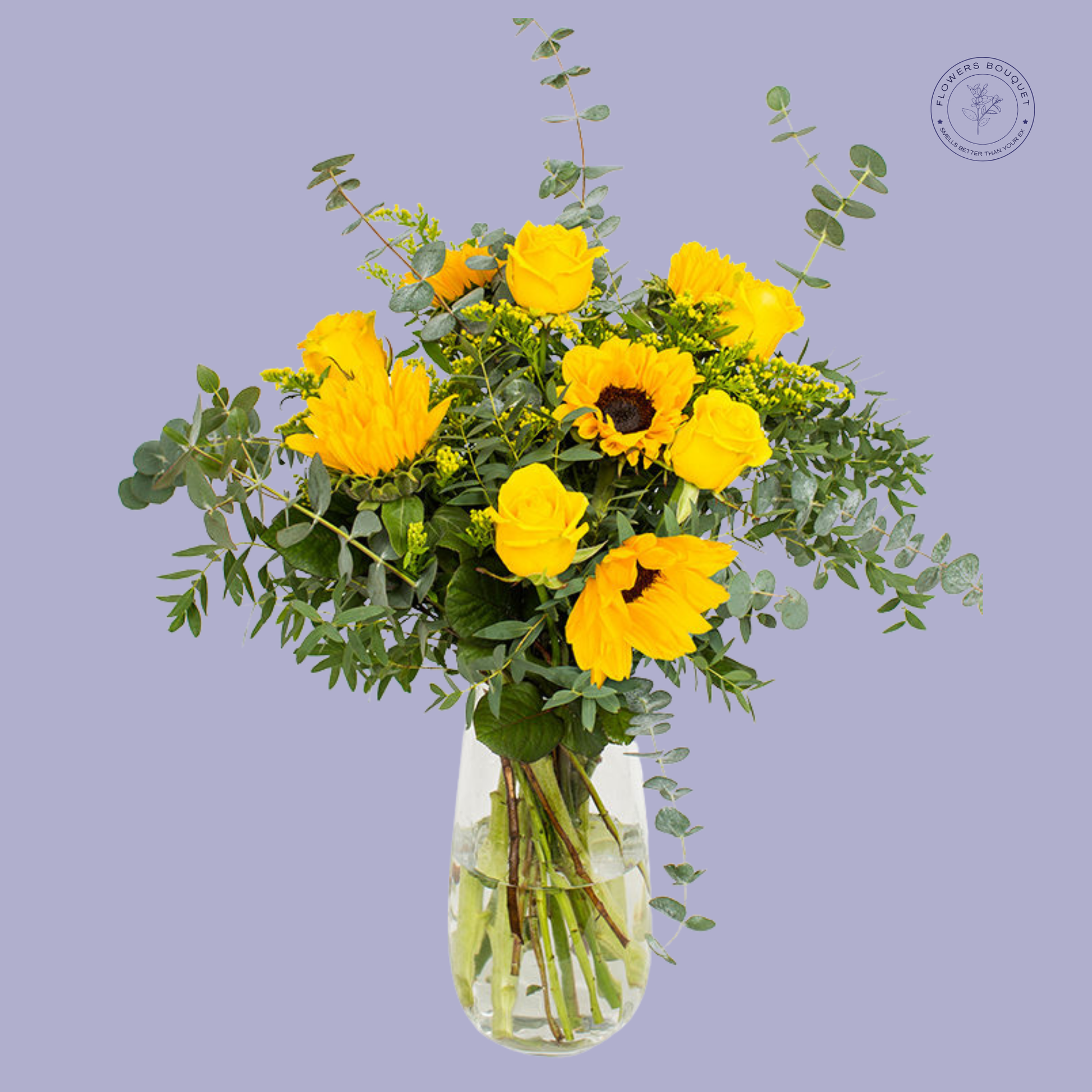 Bright sunflower and yellow rose bouquet with eucalyptus leaves and goldenrod sprigs.
