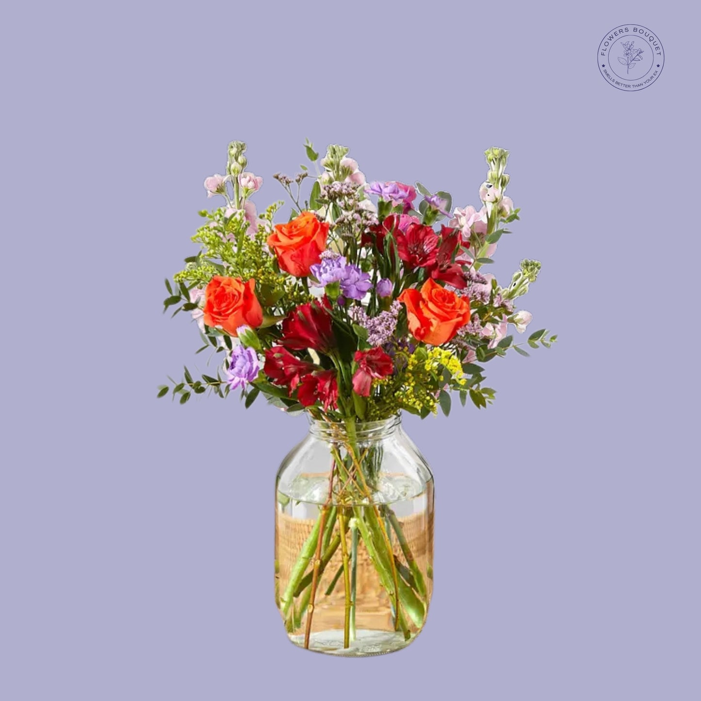 A vibrant floral arrangement with 15 stems, including orange roses, red alstroemeria, purple limonium, spray carnations, eucalyptus, and yellow solidago, arranged in a glass vase with visible stems and water