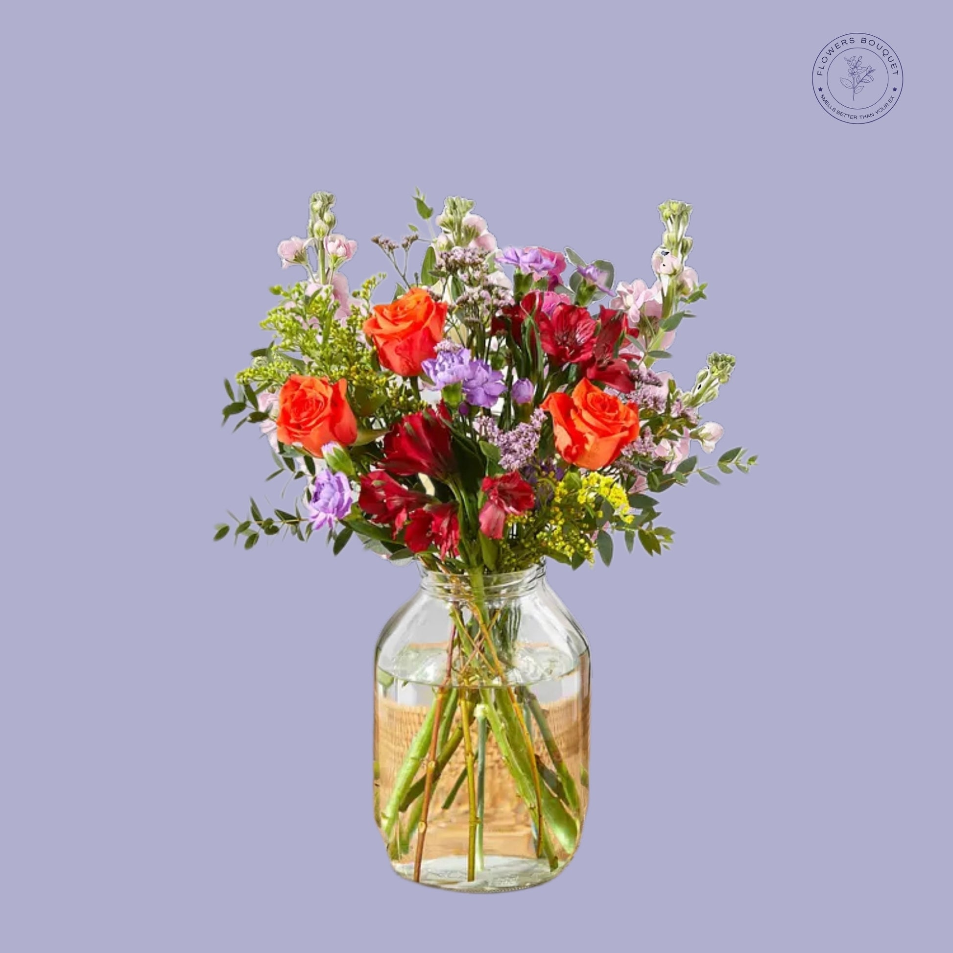A vibrant floral arrangement with 15 stems, including orange roses, red alstroemeria, purple limonium, spray carnations, eucalyptus, and yellow solidago, arranged in a glass vase with visible stems and water