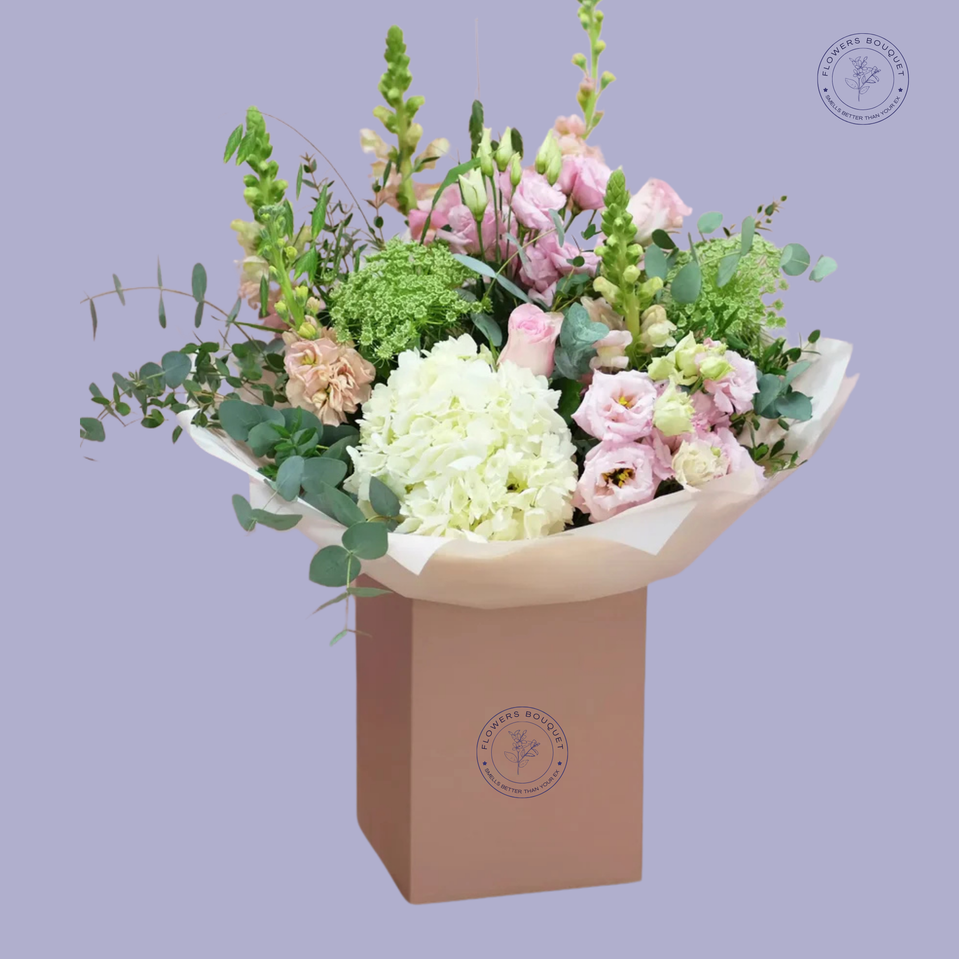 Timeless Grace Box with pink roses, hydrangeas, snapdragons, carnations, lisianthus, and eucalyptus in a premium gift box