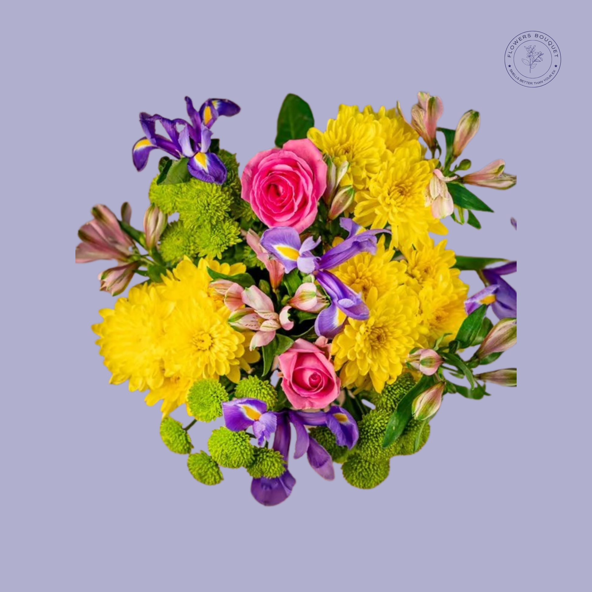 "Vibrant bouquet with pink roses, yellow chrysanthemums, and purple irises in a glass vase, perfect for any occasion."