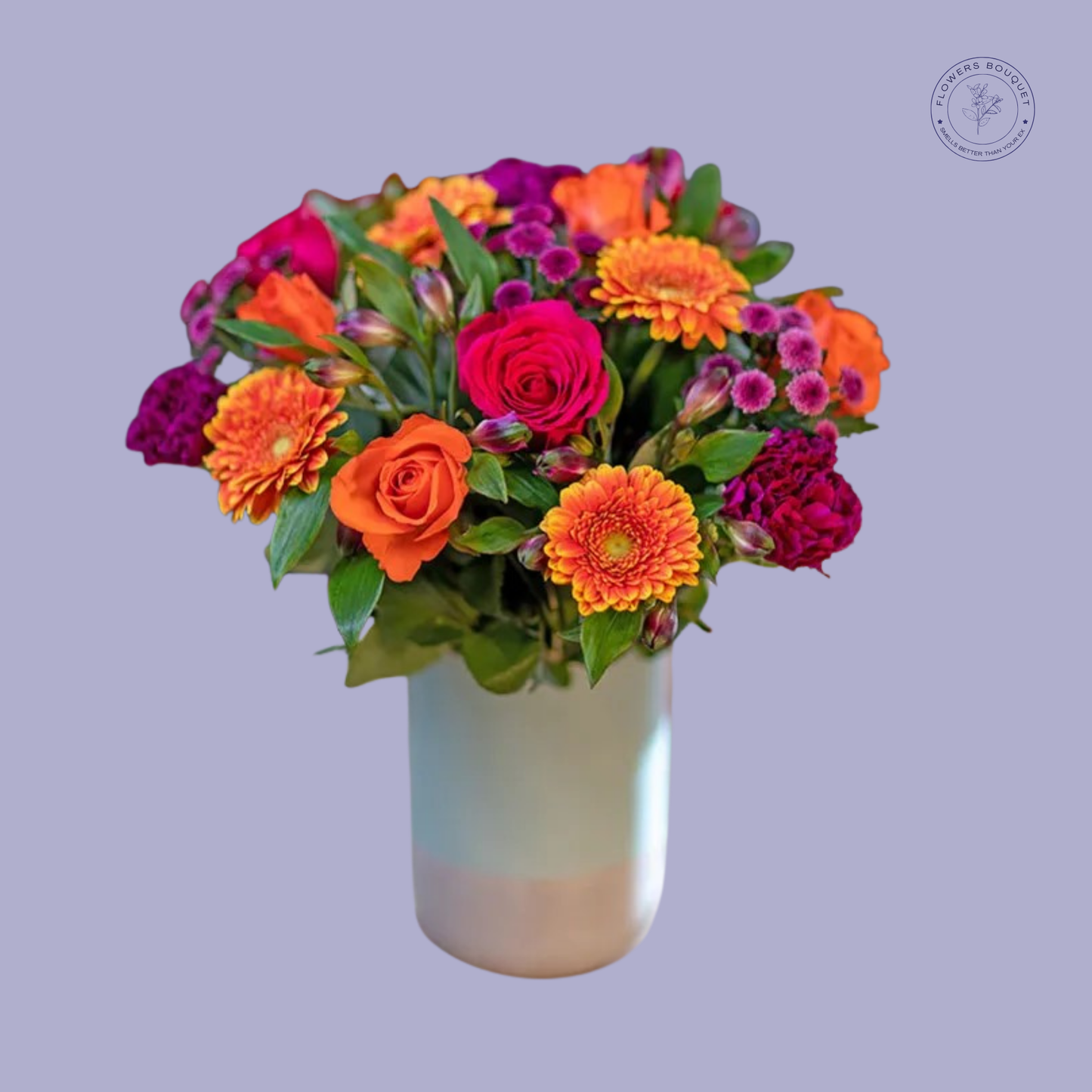 Vibrant bouquet featuring orange roses, marigolds, and purple blooms in a modern vase.