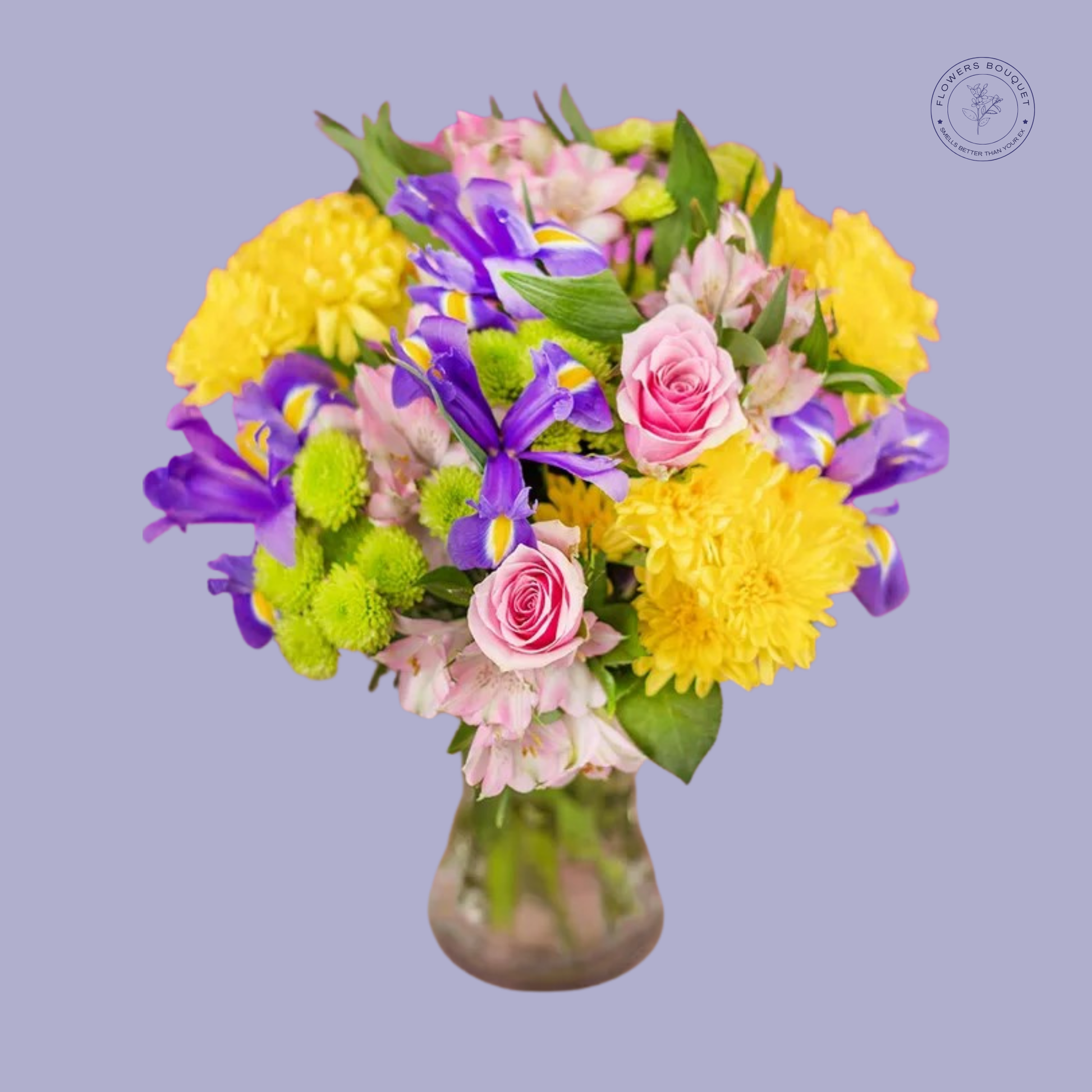 "Vibrant bouquet with pink roses, yellow chrysanthemums, and purple irises in a glass vase, perfect for any occasion."
