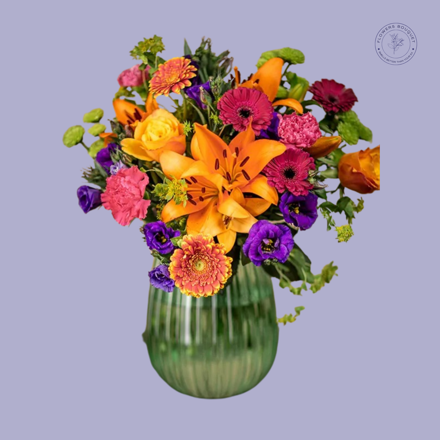 Bright and colorful mixed flower bouquet with lilies, gerbera daisies, and purple blooms.