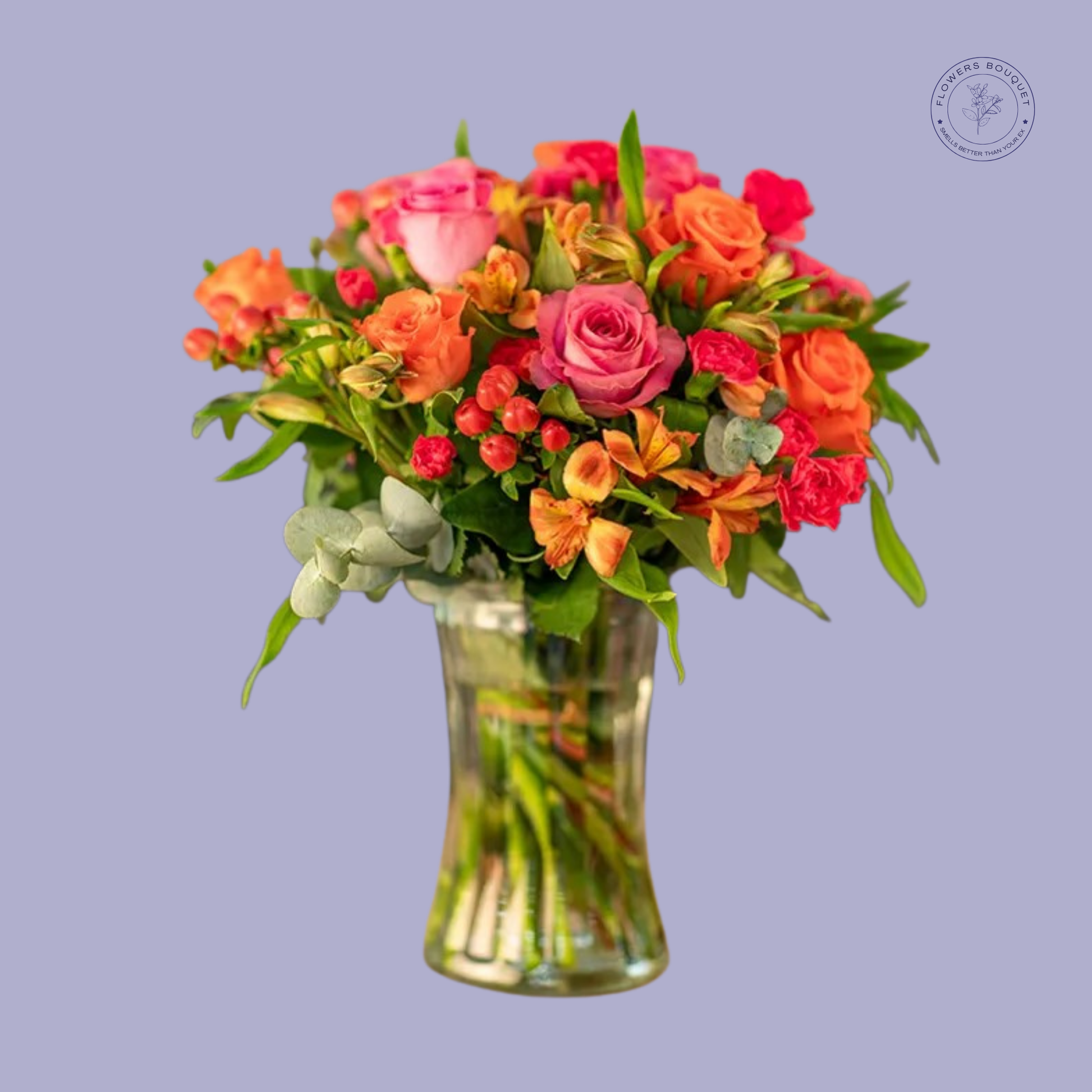Vibrant Roses and Alstroemeria Bouquet with pink and orange roses, Alstroemeria, and eucalyptus leaves.