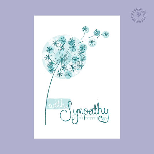 "With Sympathy card featuring a delicate dandelion illustration and elegant cursive typography, perfect for expressing sympathy."