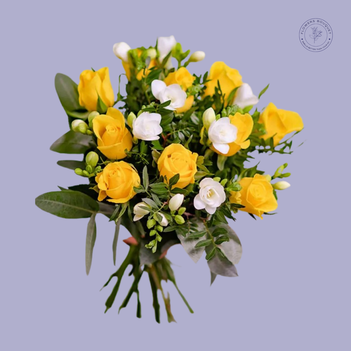 Yellow roses and white freesias bouquet, symbolizing love and friendship.